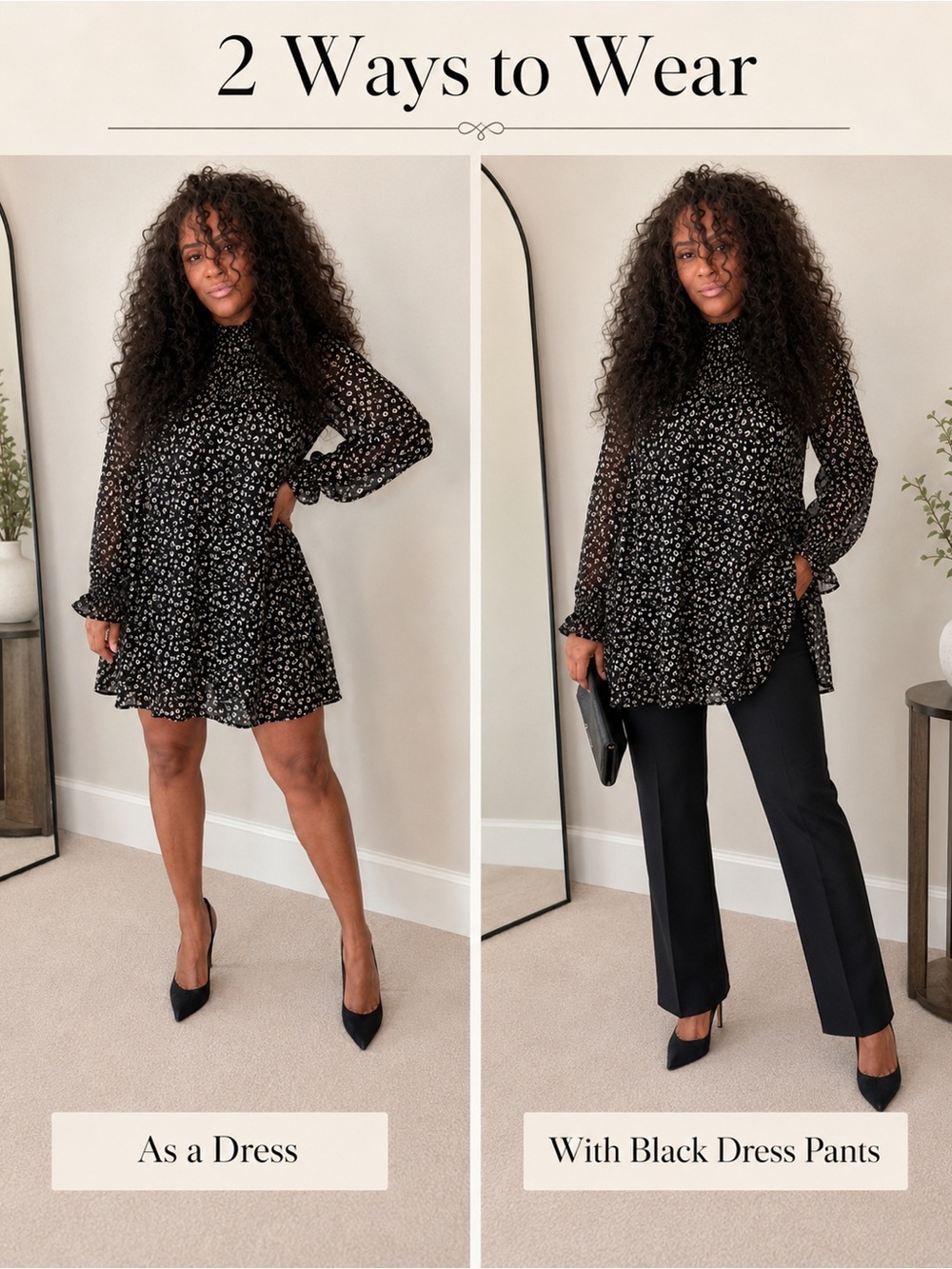 THML Black  Leopard Print Smocked Long Sleeve Dress Size L NWT